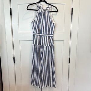 Eliza J Blue and White Stripe Halter Linen Blend Midi Dress Sz 6